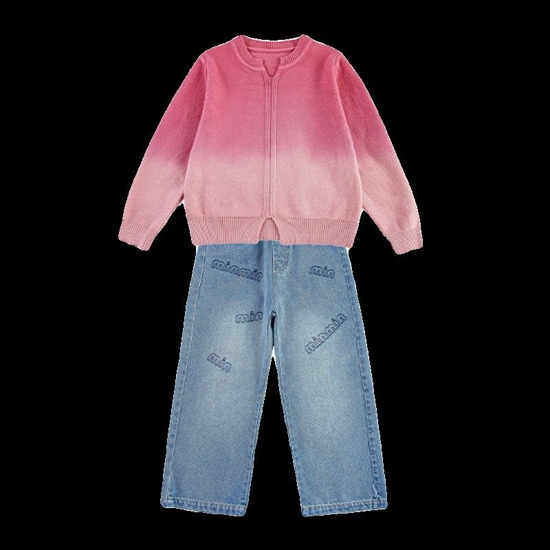 女童春装针织开衫毛衣直筒阔腿牛仔裤套装2024新款儿童中大童春秋