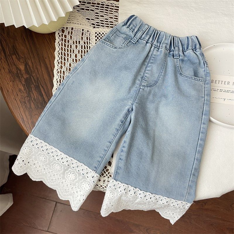 2024休闲夏装儿童女童宝宝蕾丝拼接牛仔裤阔腿裤七分裤直筒裤薄款,童装/婴儿装/亲子装,儿童牛仔裤,淘宝优惠券,粉丝福利购,淘宝优惠卷
