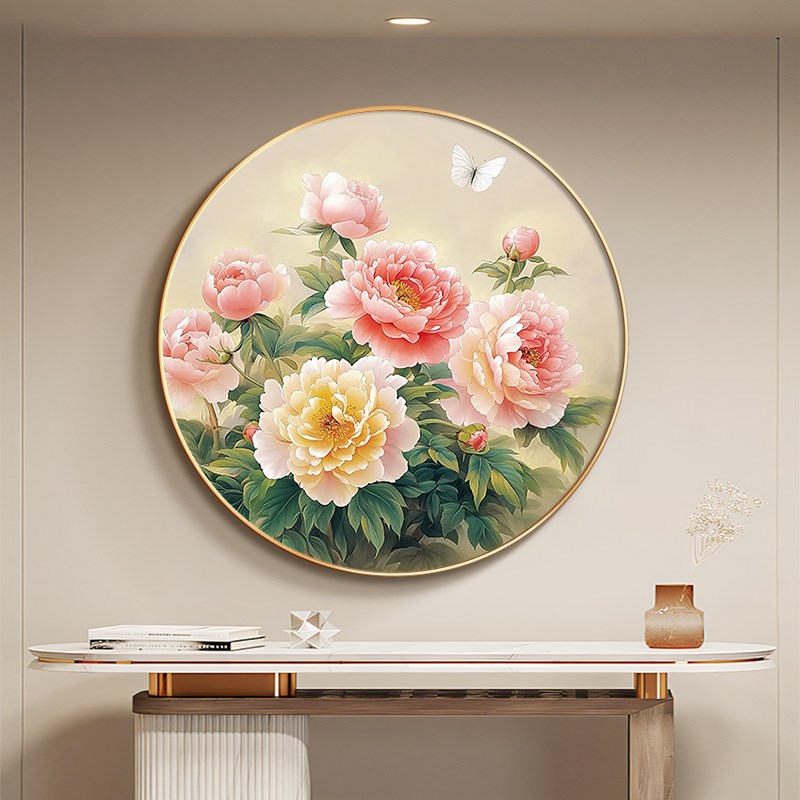 花开富贵牡丹图挂画入户玄关圆形装饰画新中式客厅卧室墙花卉壁画图片