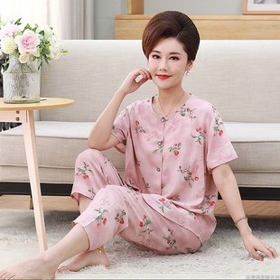 中老年绵绸睡衣女夏纯棉棉绸短袖 妈妈居家开衫 休闲外穿家居服套装
