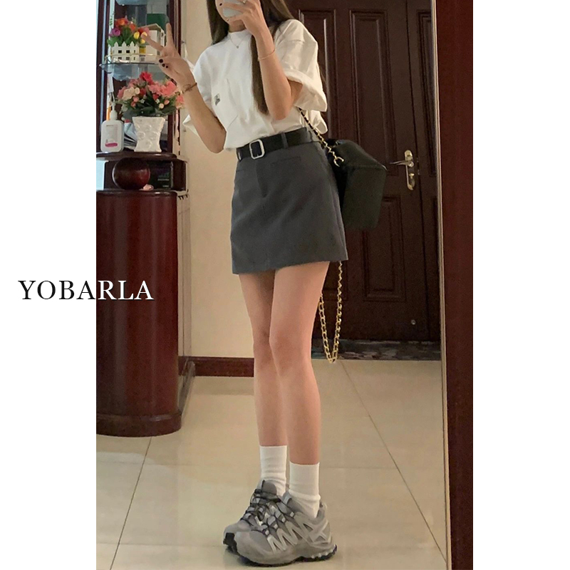深灰色西装短裙女高腰夏季新款大码胖mm显瘦小个子a字包臀半身裙