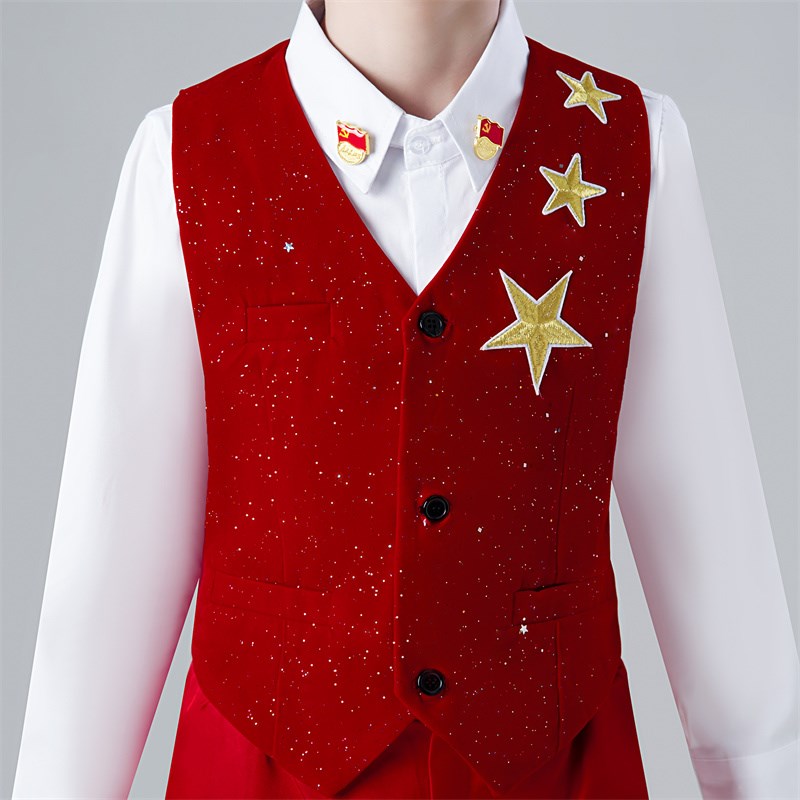 酒红色儿童演出服女童礼服裙中小学生爱国诗歌朗诵大合唱团服装男