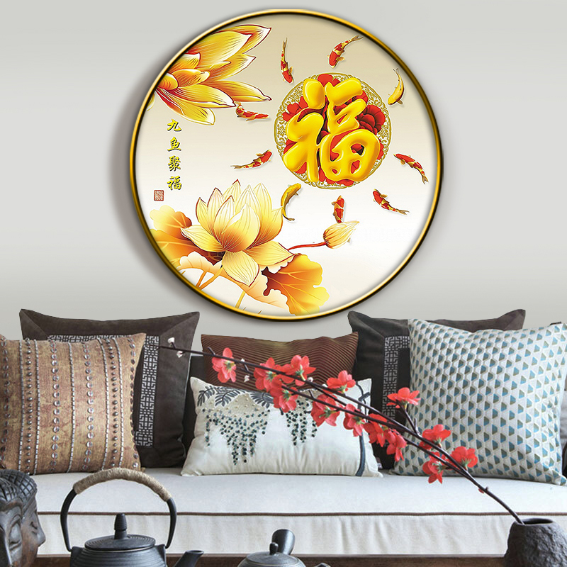 新中式简约圆形花鸟晶瓷装饰画客厅茶室背景挂画家和自粘替换画芯图片