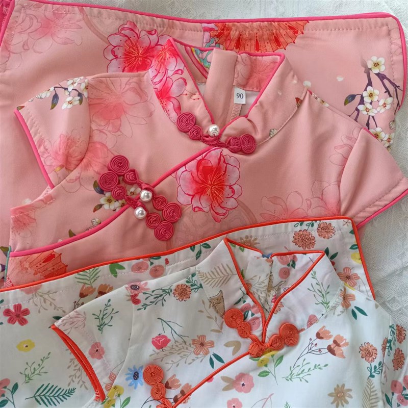 女童夏季纯棉短袖旗袍宝宝中式复古碎花连衣裙雪纺古装表演服洋气
