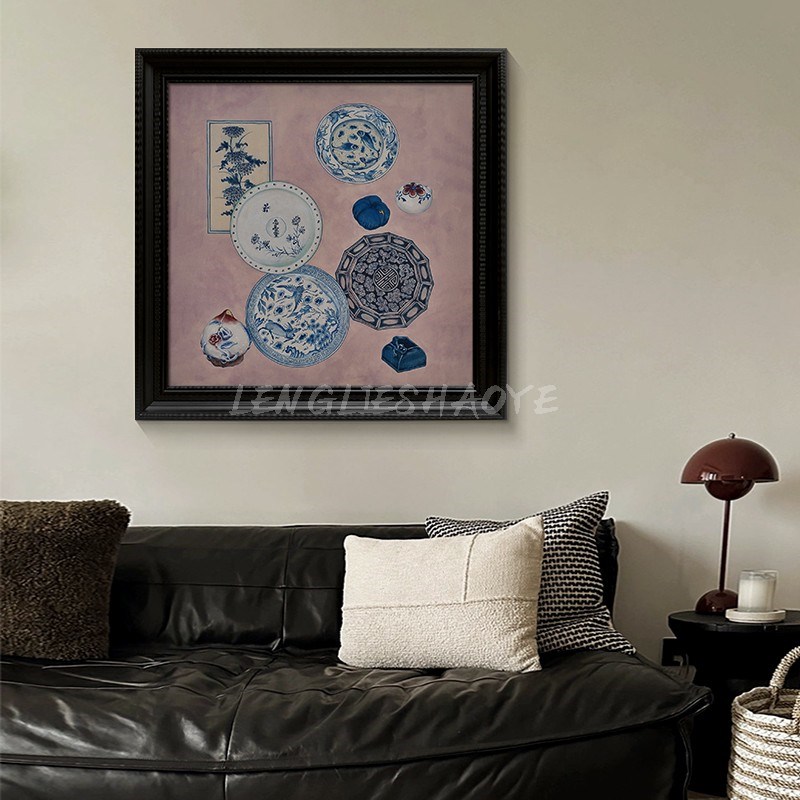 法式复古风静物纯手绘油画抽象青花瓷客厅餐厅装饰画中古玄关挂画图片