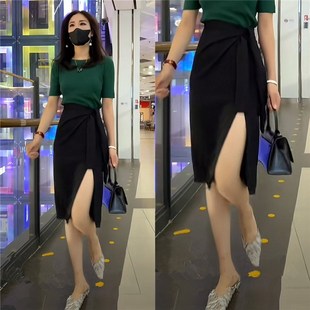 2024夏季一整套搭配套装七分袖针织上衣黑色包裙半身裙两件套装