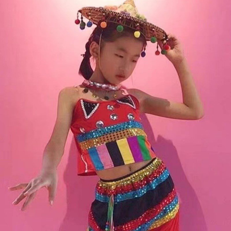 桃李杯大赛儿童傣族舞蹈演出服雨竹林舞蹈荷花奖傣族服花腰斗笠帽