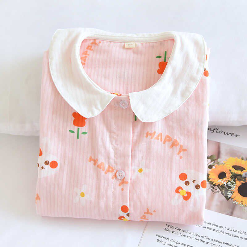 可爱花朵兔儿童夏季薄纯棉纱布女童长袖睡裙宝宝娃娃领全棉家居裙