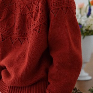 橘里CHIU祖母手工毛线上衣复古红色毛衣女羊毛粗纺圆盘针织圆领衫