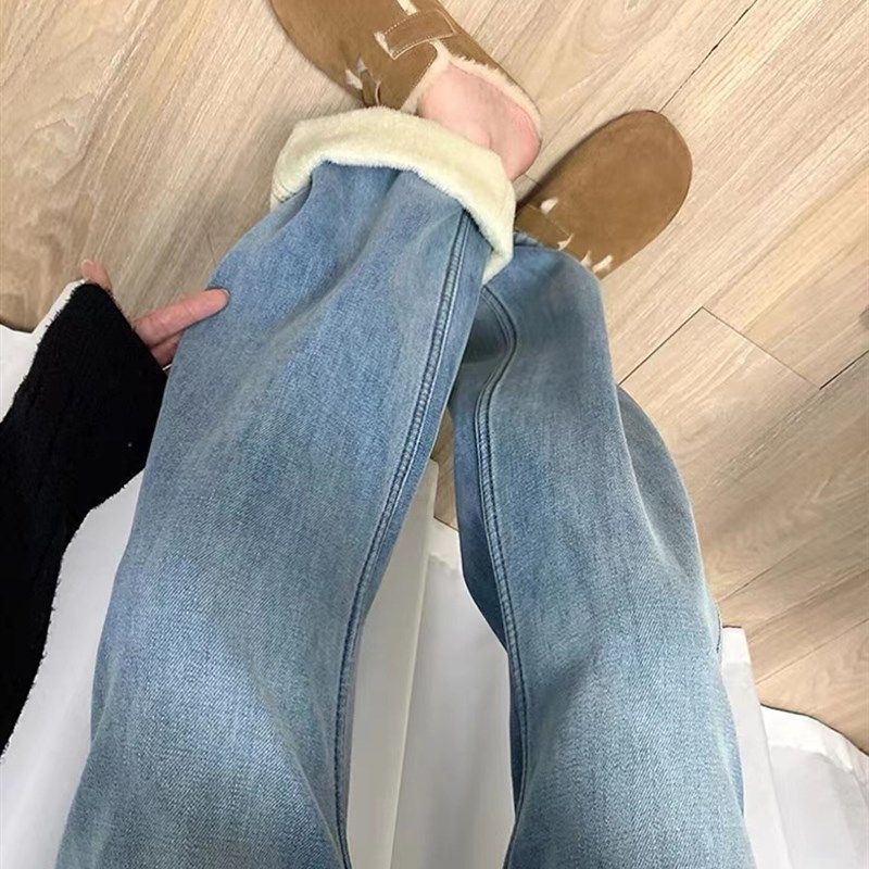 加绒加厚浅色直筒牛仔裤女冬季新款胖妹妹mm高腰宽松显瘦阔腿长裤
