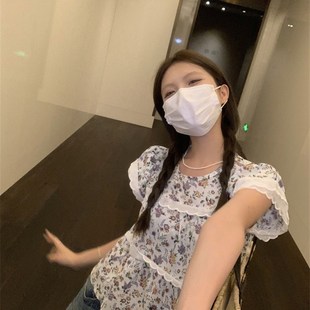 衬衣短款 新款 复古泡泡袖 上衣 短袖 蕾丝小碎花衬衫 法式 女高级感夏季