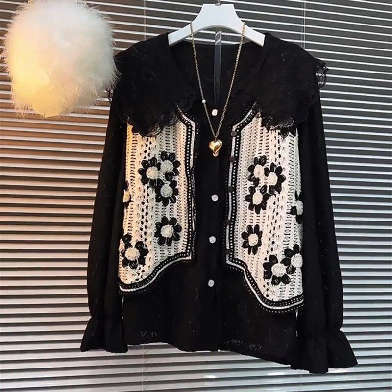 胖妹妹2023秋季新款大码女装时尚针织花朵马甲娃娃领衬衫