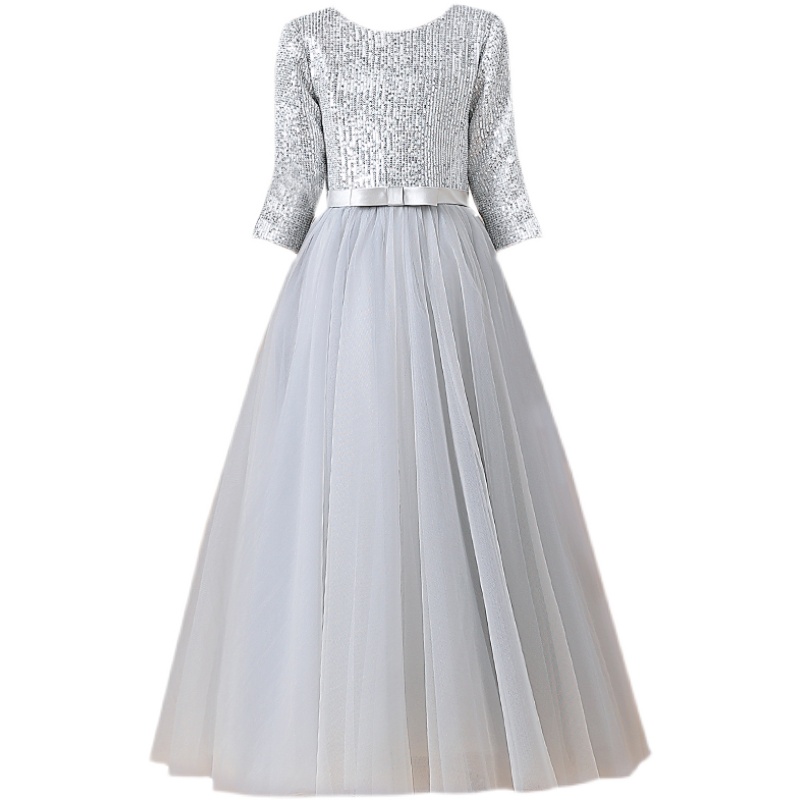 女童高端礼服儿童钢琴演出服中大童银灰色生日公主裙学生节目主持