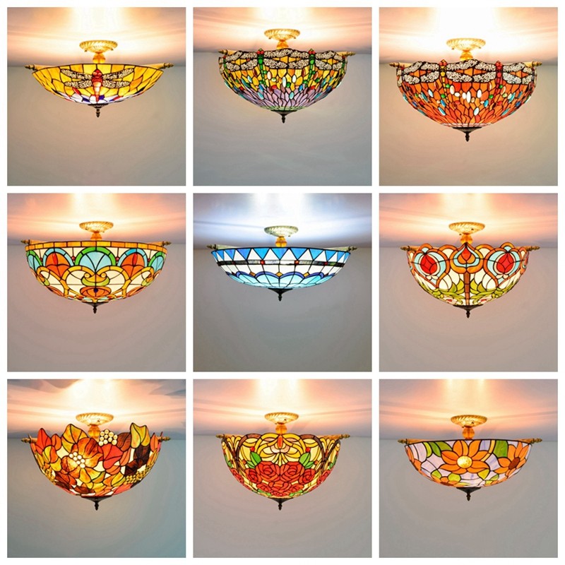 彩色玻璃复古地中海璃客厅餐厅卧室半吸顶灯欧琈蒂凡尼酒吧田园