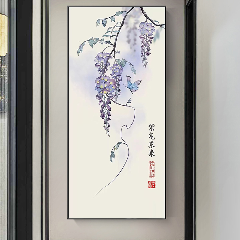 紫气东来寓意手绘油画新中式蝴蝶装饰画紫花卉客厅玄关国画风挂画图片