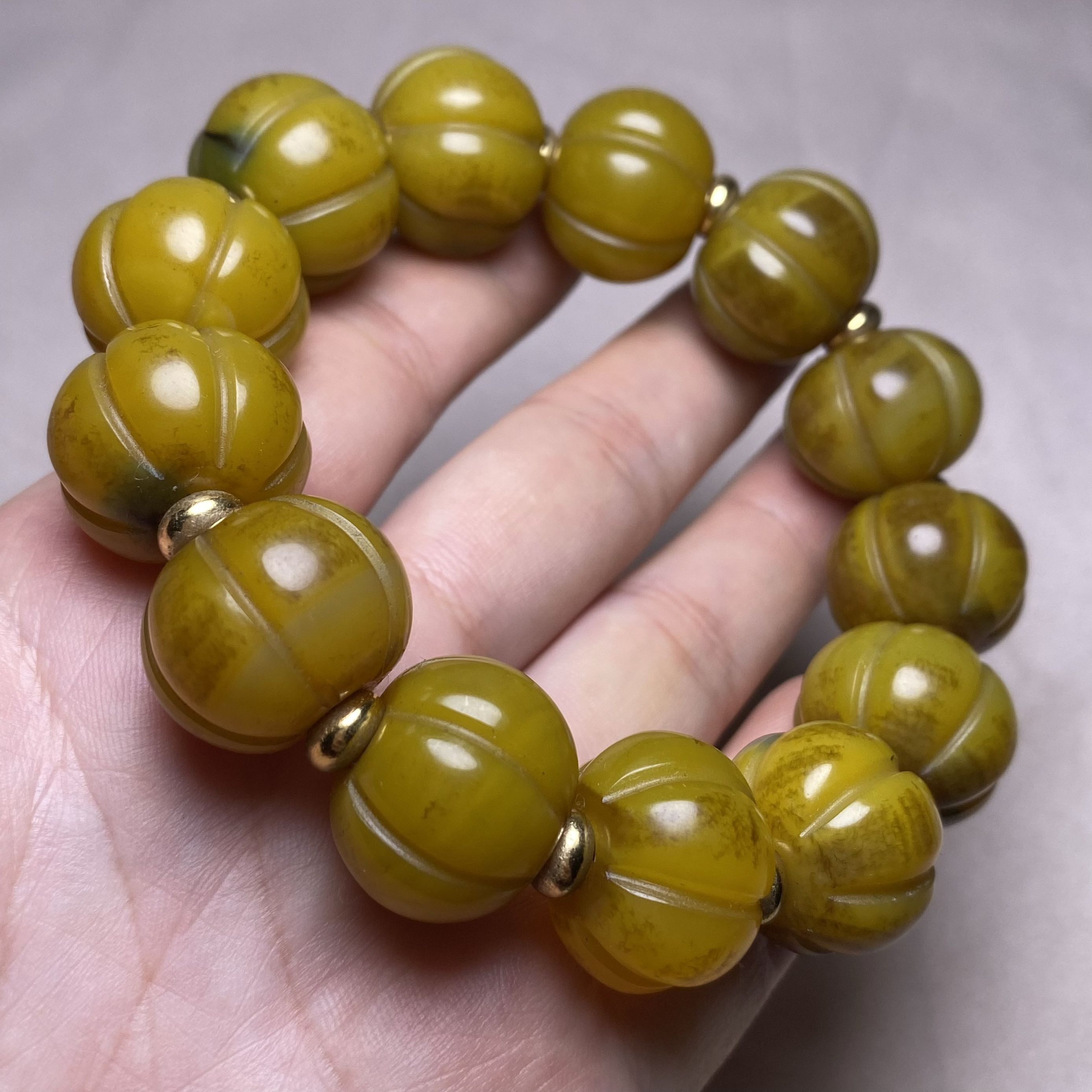 古玩尼泊尔老黄玛瑙南瓜棱手串玛瑙老型车轮珠古玉手链串文玩配珠