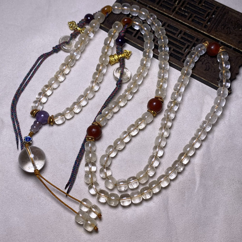 古玩天然老白水晶佛珠收藏白水晶108颗桶珠苹果珠算盘扁珠老型珠