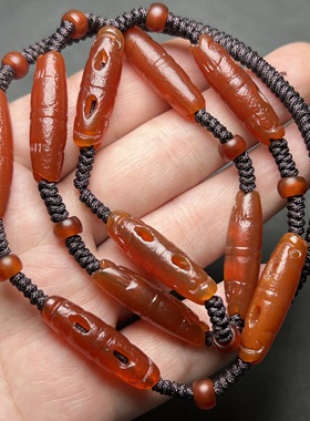 古玩老珠辽金老玛瑙项链手雕镂空双龙头小鱼红玉包浆勒子文玩配饰