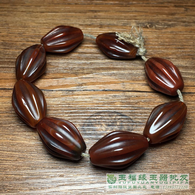 高古老红玛瑙长瓜棱珠玛瑙手链雕工精美酒红玛瑙手串配饰手饰佛珠