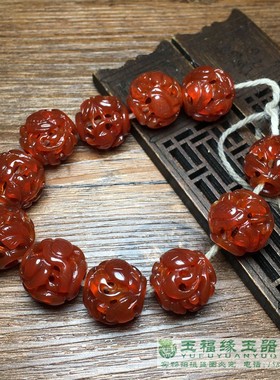 古玩老玛瑙镂空雕双鹤齐鸣珠串红玛瑙红玉髓仿古佛珠念珠手串