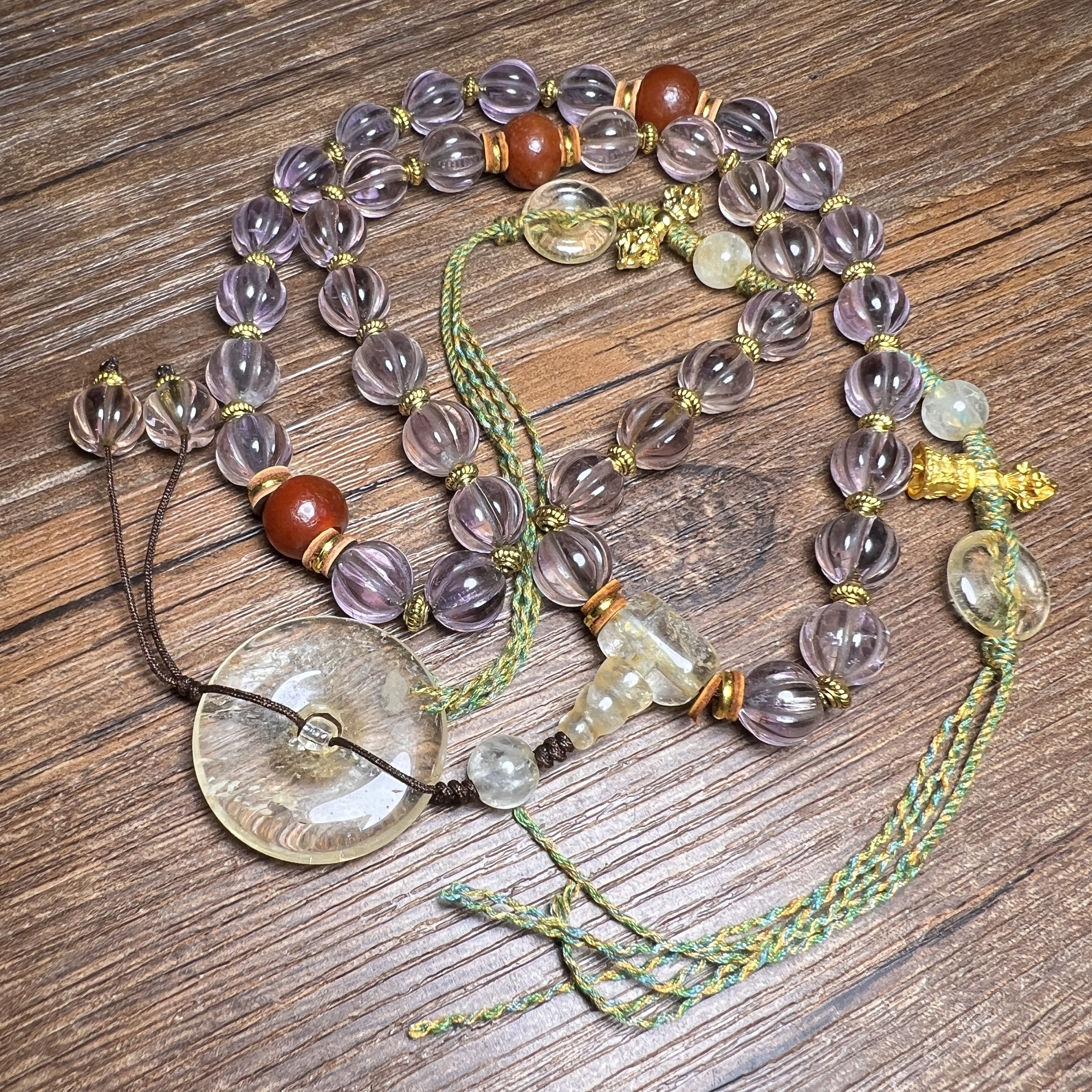 古玩杂项天然透明紫水晶石瓜珠扭纹西藏项链文玩手串佛珠老珠手持