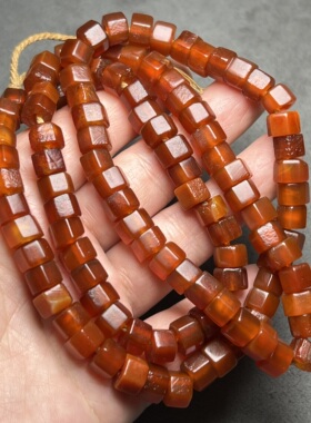 古玩藏区回流老包浆酒红色玛瑙多棱螺丝桶珠一串108颗珠子大孔道