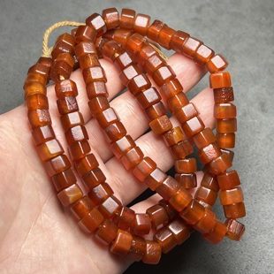 古玩藏区回流老包浆酒红色玛瑙多棱螺丝桶珠一串108颗珠子大孔道