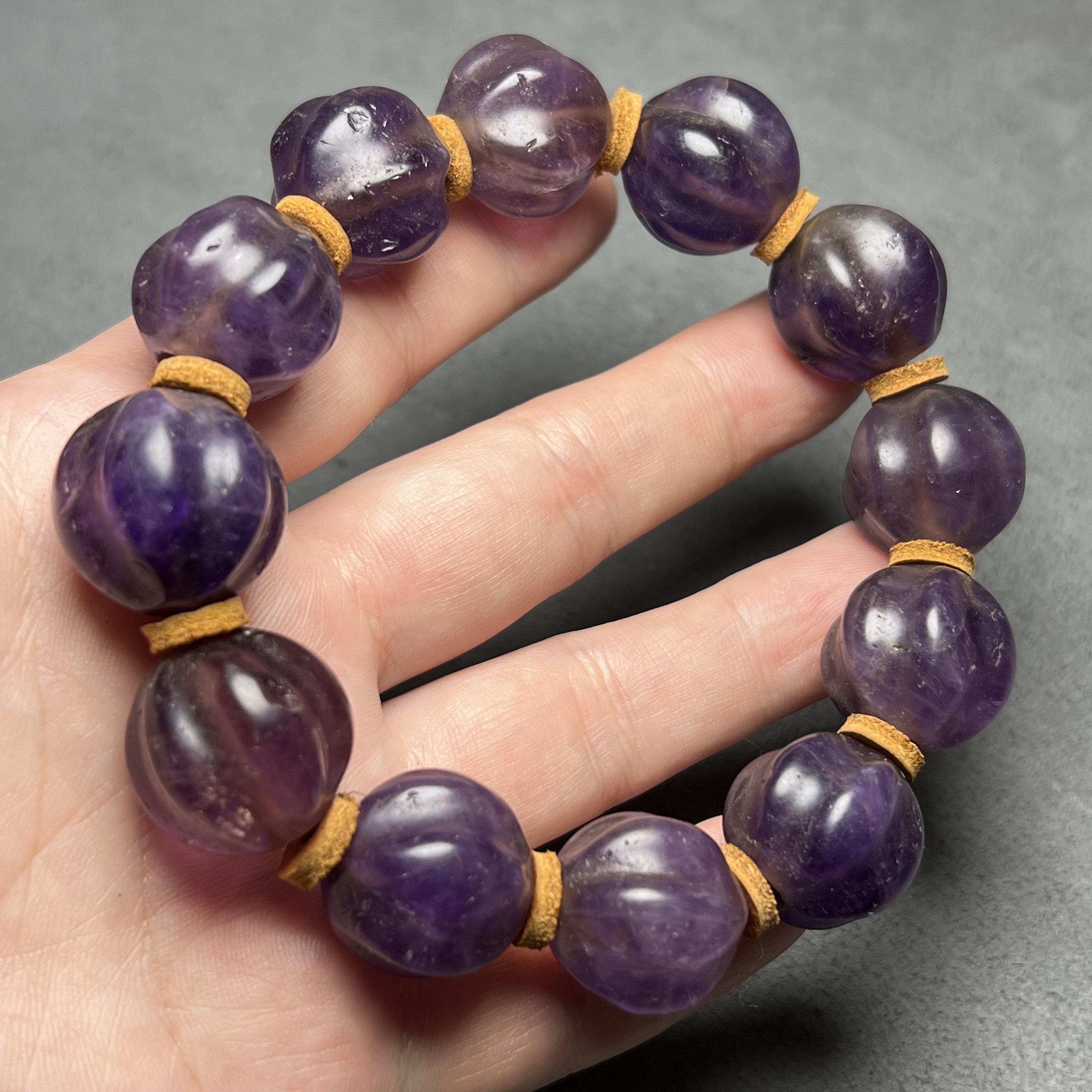 古玩收藏尼泊尔老料紫水晶大孔南瓜纹瓜珠珠串diy手链项链配珠