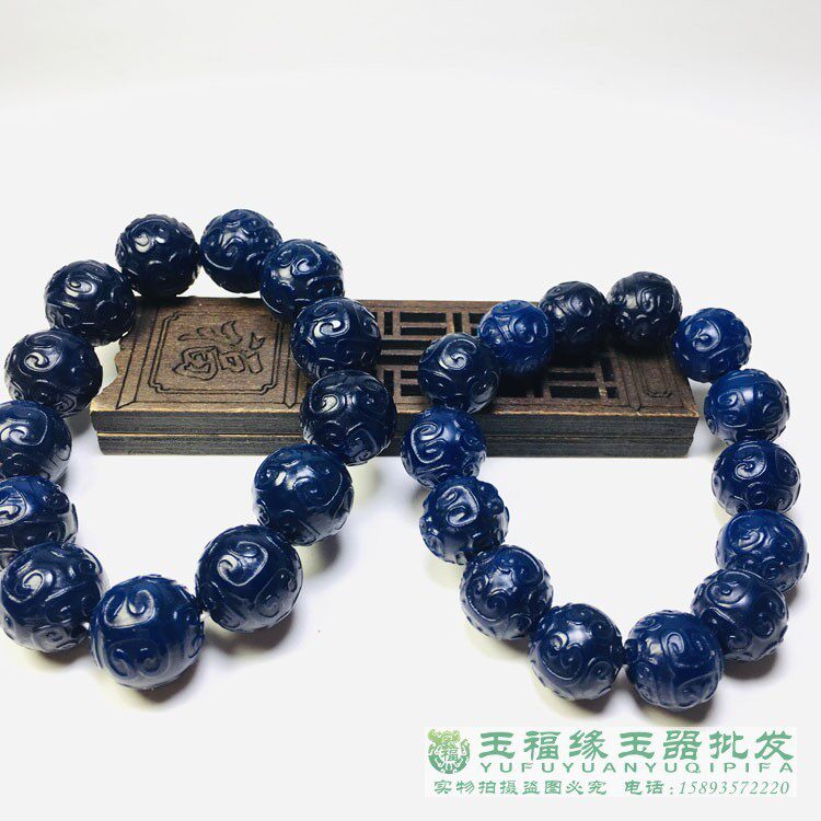 玛瑙手链男款蓝玛瑙玉髓手串回纹珠本命年 天珠手饰