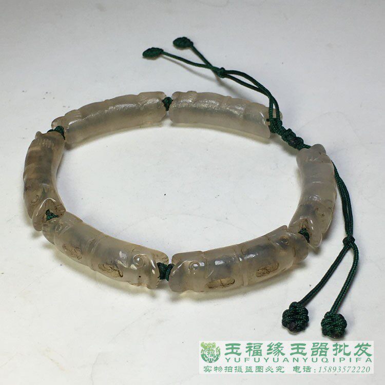 古玩老珠子辽金老玛瑙白玉髓手雕镂空龙头手链包浆勒子文玩收藏