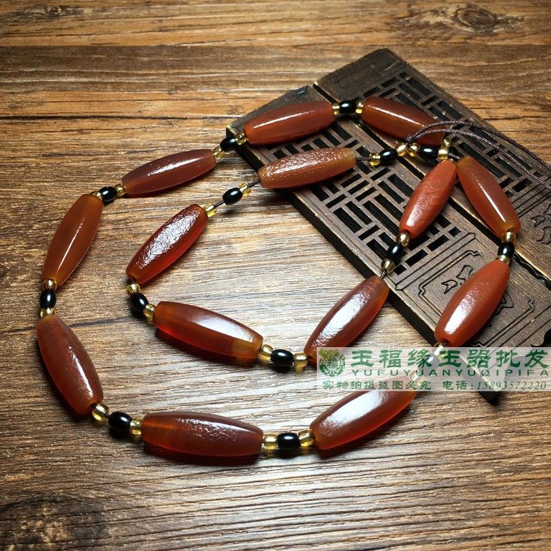 古玩杂项辽金老珠子老玛瑙珠红管珠大孔串六棱项链竹节勒子老包浆