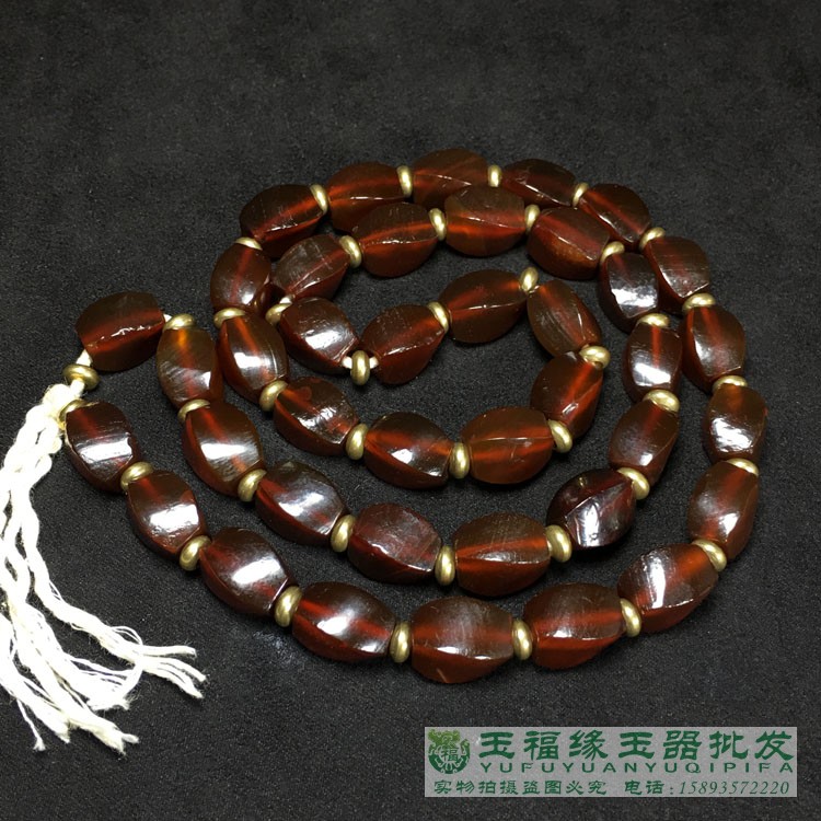 高古西周酒红老玛瑙佛珠念珠糖色扭纹 古玉老玉玉器收藏老珠子