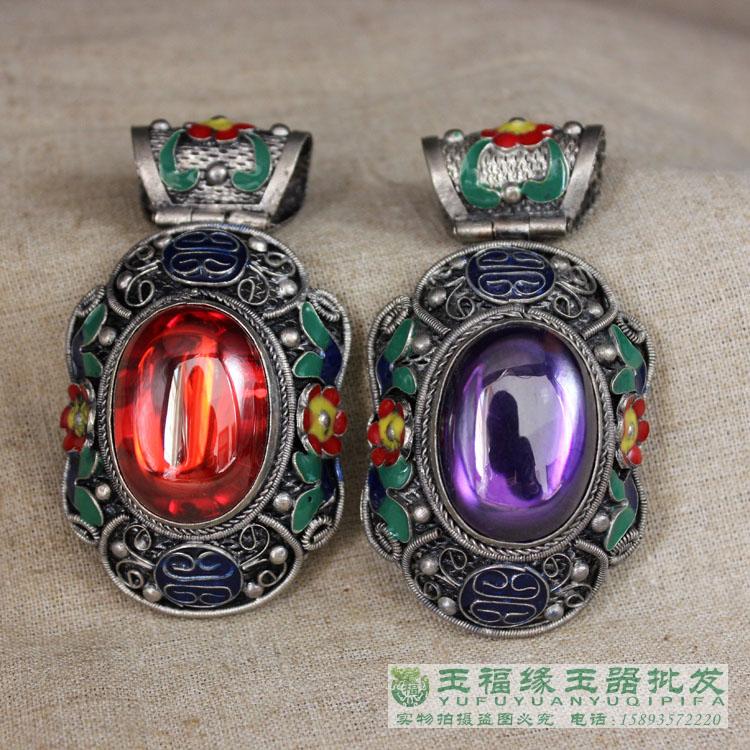仿古镀银镶锆石掐丝景泰蓝吊坠