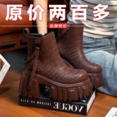 防水台机车靴粗高跟鞋 品牌撤柜小个子增高马丁靴女2025新款 秋冬季