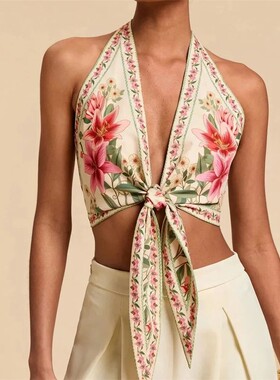 Spring Plant Print Halter Top春季欧美花卉印花挂脖吊带上衣