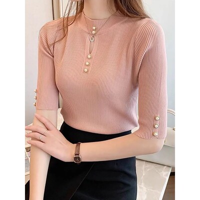 女款半高领五分袖修身针织打底衫