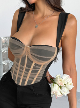 Sexy net gauze patchwork fishbone corset性感网纱拼接鱼骨胸衣