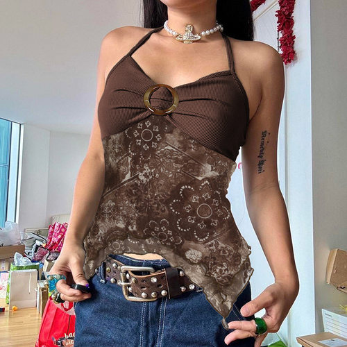 森系印花修身挂脖吊带背心上衣女