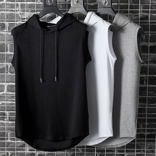 男士纯色无袖健身 连帽衫Men's solid sleeveless fitness hoodie