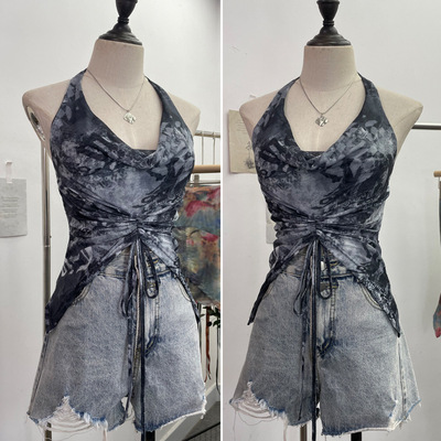 抽绳扎染挂脖吊带背心女