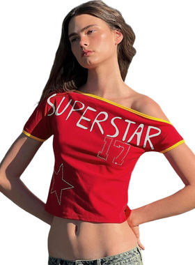 斜肩性感辣妹T恤短袖 Sexy hot girl T-shirt with short sleeves