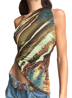 印花单肩修身上衣 Fashionable printed one-shoulder fitted top