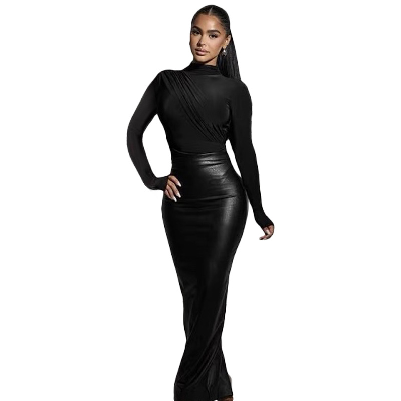 黑色高腰拉链pu皮修身半身裙