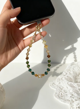 原创手机链水晶手机挂链短款串珠手腕手机挂绳名族风复古