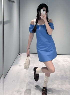 快乐女孩女装 26早春新款简约休闲复古又天蓝色泡泡袖连衣裙