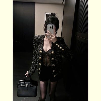 黑色亮丝粗花呢风外套女2025春装新款气质富千金名媛风上衣