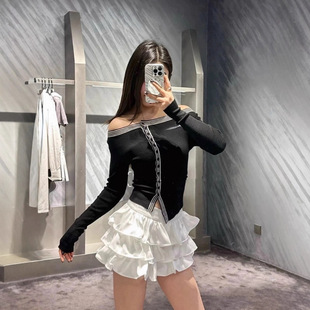 25早秋设计款条纹一字肩收腰针织开衫纯欲甜辣风上衣