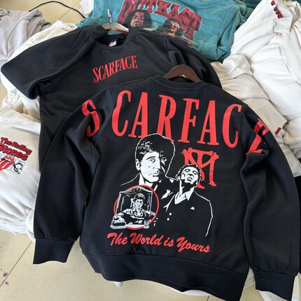 原单 刺绣Scarface疤面煞星阿尔帕西诺 美式复古圆领卫衣男女薄绒