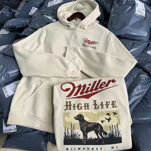 出口单 米勒 美式复古啤酒户外狩猎文化男女连帽薄绒卫衣秋冬帽衫