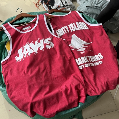 出口单 Jaws大白鲨袭击爱迪岛 立体发泡印花美式复古背心坎肩男夏